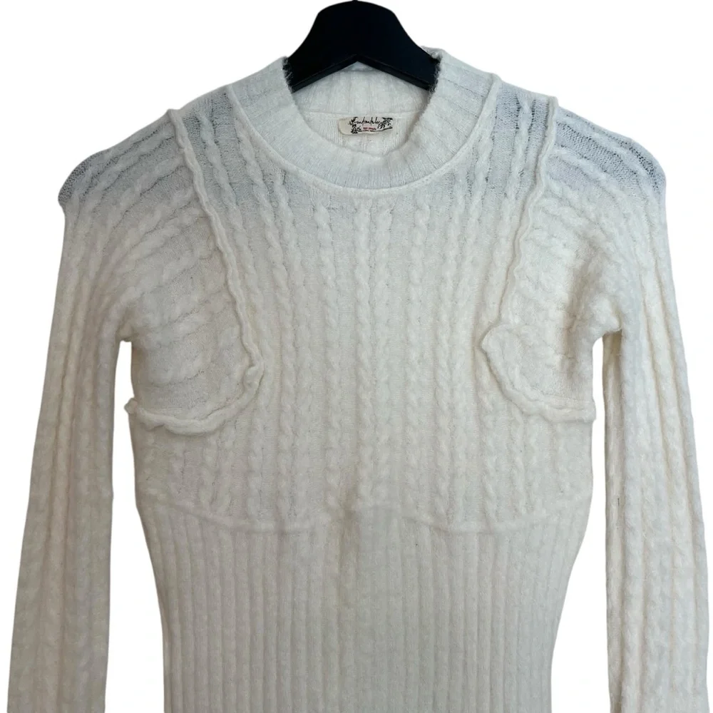 Free People Keep Me Warm Cable Knit Bodysuit Coconut Milk Ivory Small Cozy Fuzzy - Picture 3 of 8